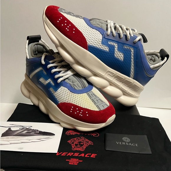 Versace Chain Reaction Platform Low Top Sneakers Blue Red Size 9.5 42.5 Repl Box - Picture 1 of 12